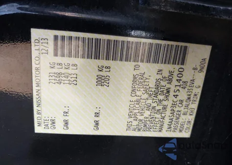 2014 Nissan Maxima 3.5 S z USA, uszkodzony, nr VIN 1N4AA5AP3EC451400